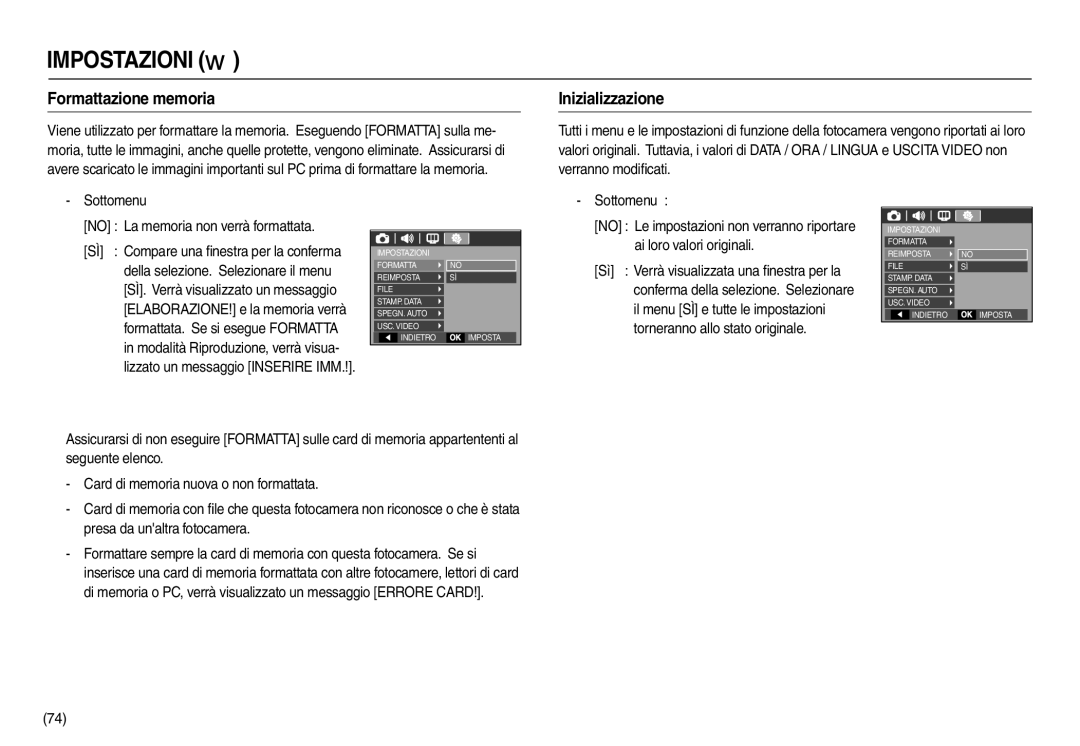 Samsung EC-L110ZSFA/IT, EC-L110ZPDA/E3, EC-L110ZUDA/E3, EC-L110ZBDA/E3 manual Formattazione memoria, Inizializzazione 