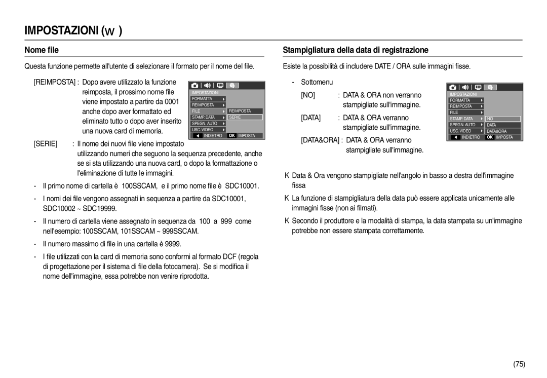 Samsung EC-L110ZBBB/IT, EC-L110ZPDA/E3, EC-L110ZUDA/E3 manual Nome ﬁle, Stampigliatura della data di registrazione, Serie 