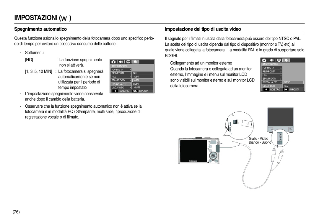 Samsung EC-L110ZSBB/IT, EC-L110ZPDA/E3, EC-L110ZUDA/E3 Spegnimento automatico, Impostazione del tipo di uscita video, Bdghi 