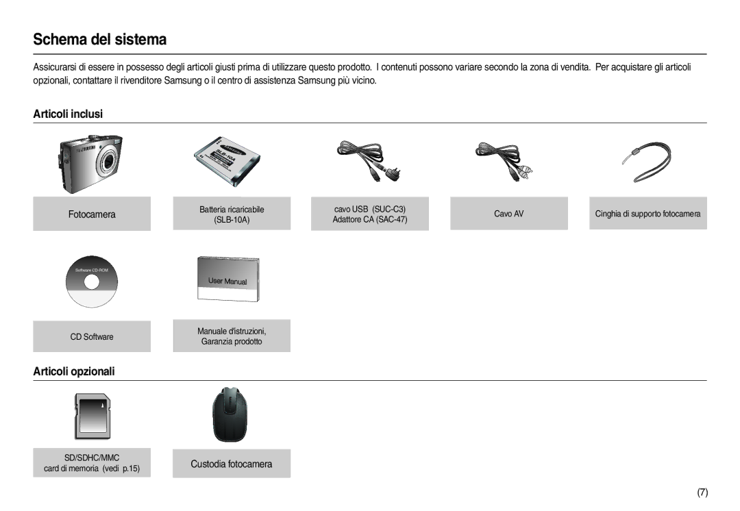 Samsung EC-L110ZRFB/IT manual Schema del sistema, Articoli inclusi, Articoli opzionali, Fotocamera, Custodia fotocamera 