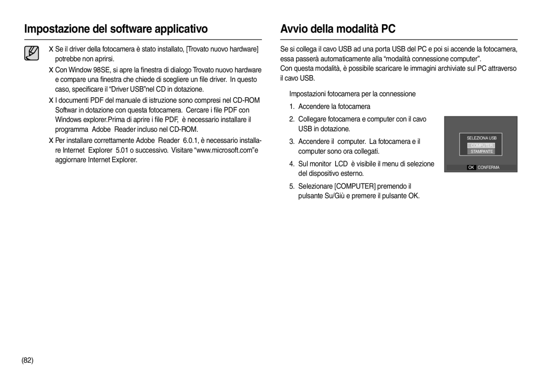 Samsung EC-L110ZRBA/IT, EC-L110ZPDA/E3 manual Avvio della modalità PC, Caso, speciﬁcare il Driver USBnel CD in dotazione 