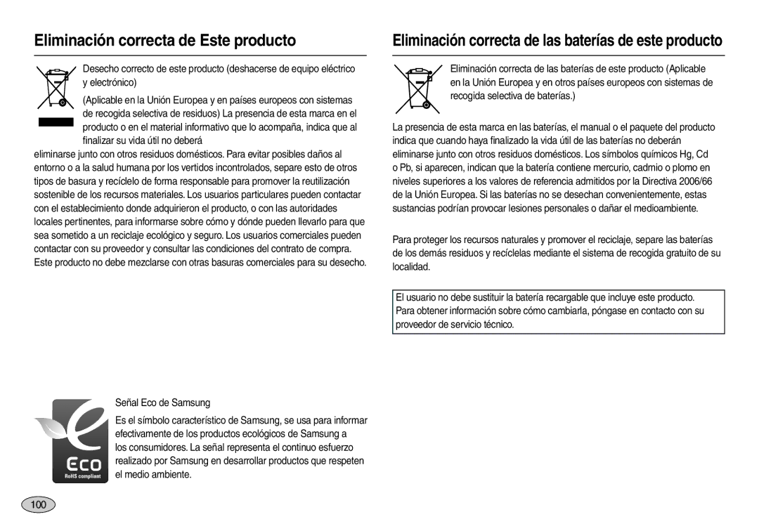 Samsung EC-L110ZPBA/GB, EC-L110ZPDA/E3, EC-L110ZUDA/E3 manual Eliminación correcta de Este producto, Señal Eco de Samsung 