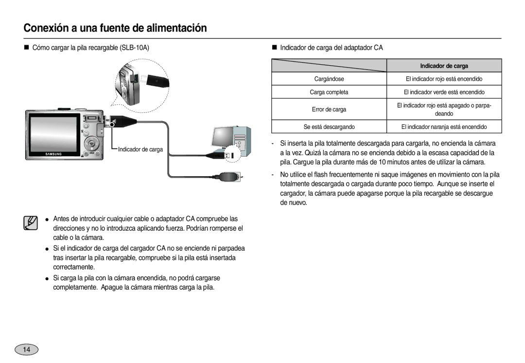 Samsung EC-L110ZUBA/GB, EC-L110ZPDA/E3 „ Cómo cargar la pila recargable SLB-10A, „ Indicador de carga del adaptador CA 