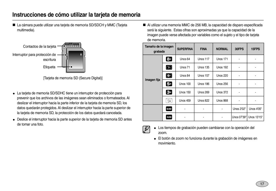 Samsung EC-L110ZSBA/GB, EC-L110ZPDA/E3, EC-L110ZUDA/E3, EC-L110ZBDA/E3 manual Etiqueta Tarjeta de memoria SD Secure Digital 