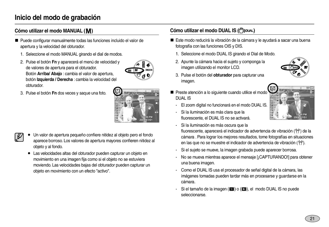 Samsung EC-L110ZRBA/GB, EC-L110ZPDA/E3, EC-L110ZUDA/E3 manual Cómo utilizar el modo Manual, Cómo utilizar el modo Dual is 