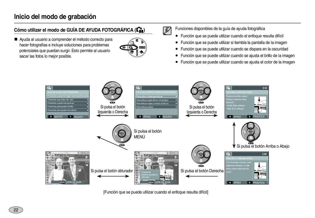 Samsung EC-L110ZPBA/GB, EC-L110ZPDA/E3 manual Cómo utilizar el modo de Guía DE Ayuda Fotográfica, Si pulsa el botón, Menú 