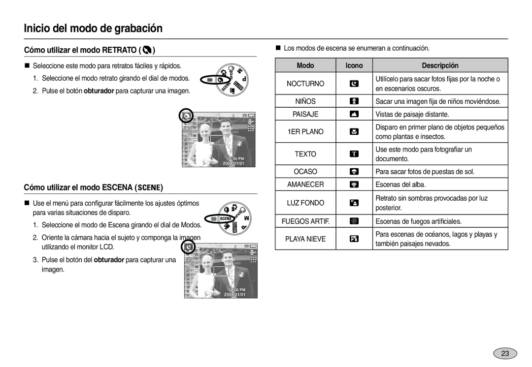 Samsung EC-L110ZSFB/E1, EC-L110ZPDA/E3 Cómo utilizar el modo Retrato, Cómo utilizar el modo Escena, Modo Icono Descripción 