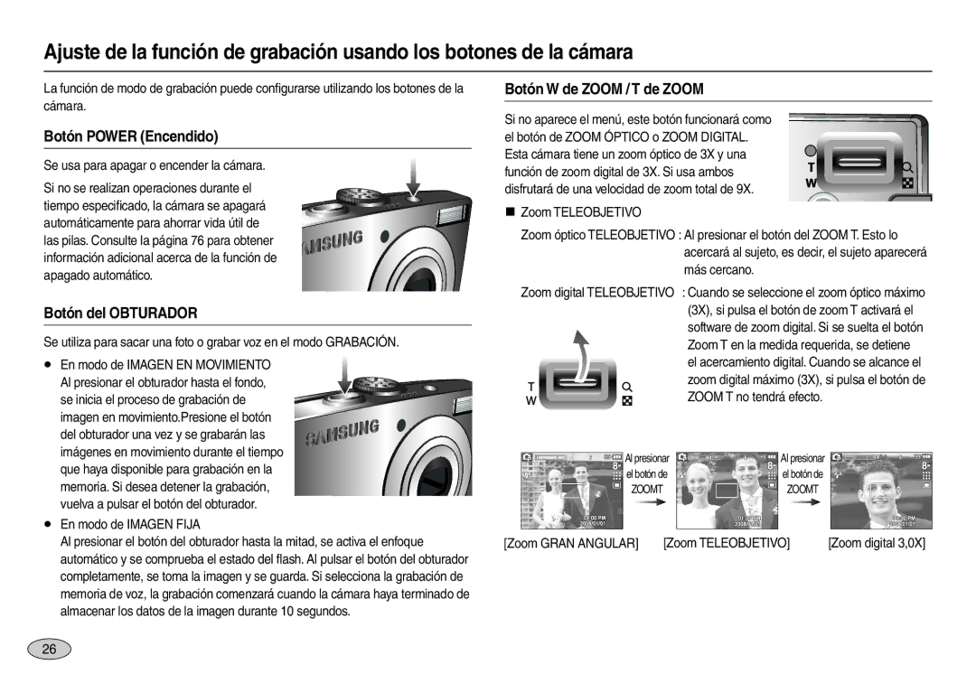 Samsung EC-L110ZUDA/E3, EC-L110ZPDA/E3 manual Botón Power Encendido, Botón del Obturador, Botón W de Zoom / T de Zoom 