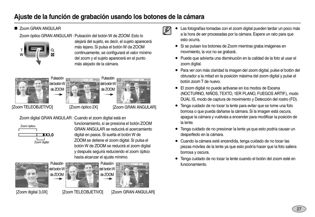 Samsung EC-L110ZBDA/E3 manual Zoom Teleobjetivo Zoom óptico, Zoom digital Gran Angular Cuando el zoom digital está en 