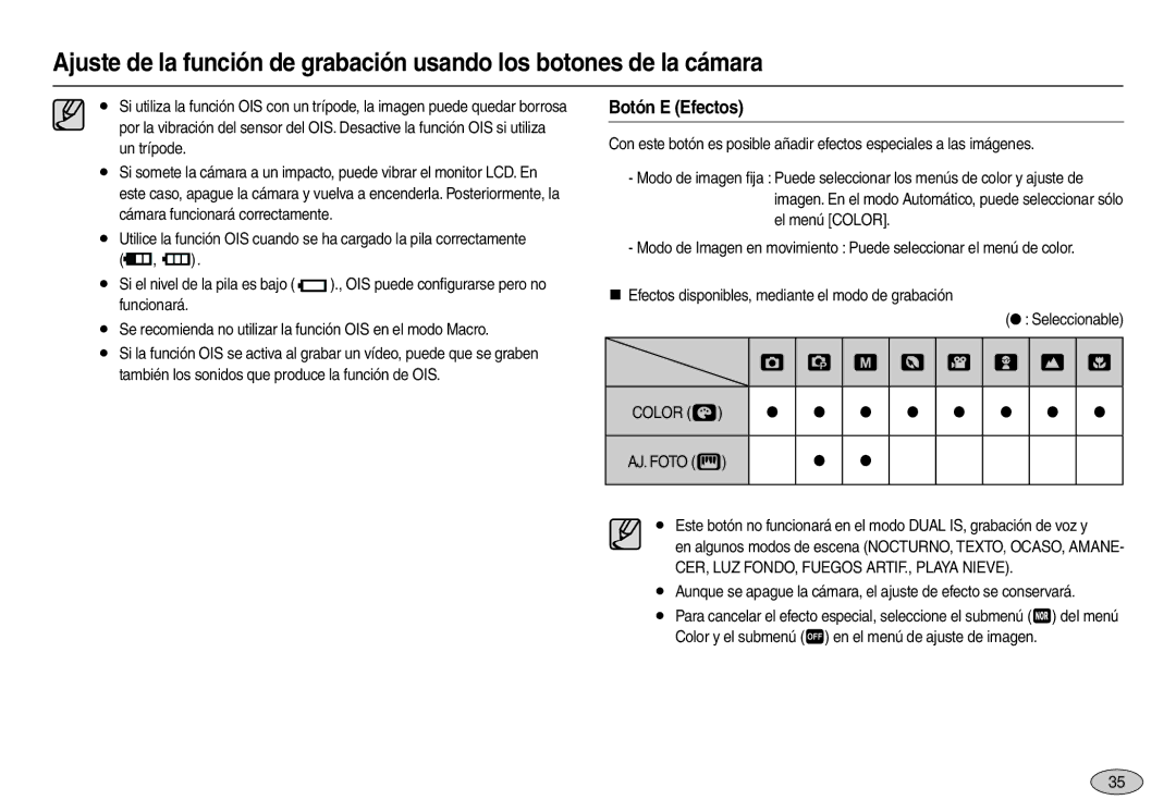 Samsung EC-L110ZBBA/E1, EC-L110ZPDA/E3, EC-L110ZUDA/E3 Botón E Efectos, Color , CER, LUZ FONDO, Fuegos ARTIF., Playa Nieve 