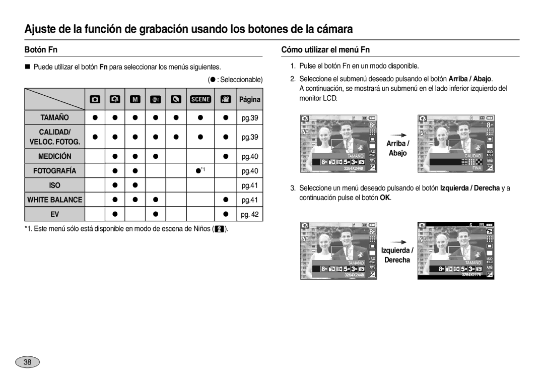 Samsung EC-L110ZBBB/E1, EC-L110ZPDA/E3, EC-L110ZUDA/E3, EC-L110ZBDA/E3, EC-L110ZRDA/E3 Botón Fn, Cómo utilizar el menú Fn 