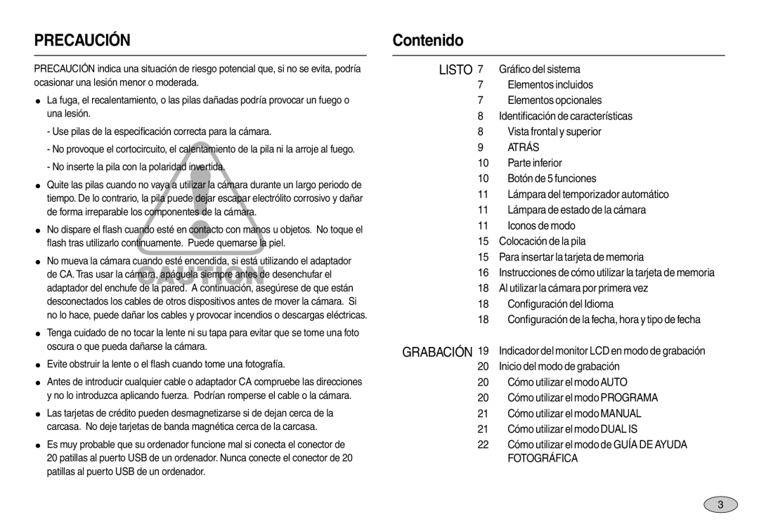 Samsung EC-L110ZSDA/E3, EC-L110ZPDA/E3, EC-L110ZUDA/E3 manual Contenido, No inserte la pila con la polaridad invertida 