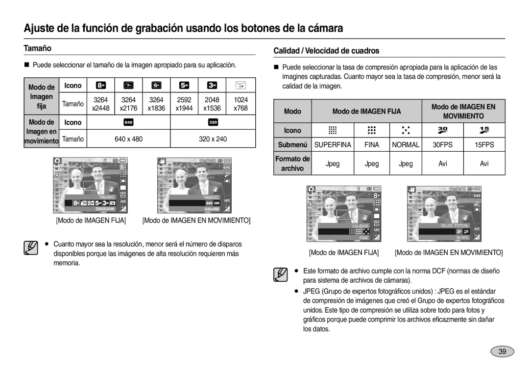 Samsung EC-L110ZSBA/E1, EC-L110ZPDA/E3, EC-L110ZUDA/E3 Tamaño, Calidad / Velocidad de cuadros, Modo de Icono Imagen, 15FPS 