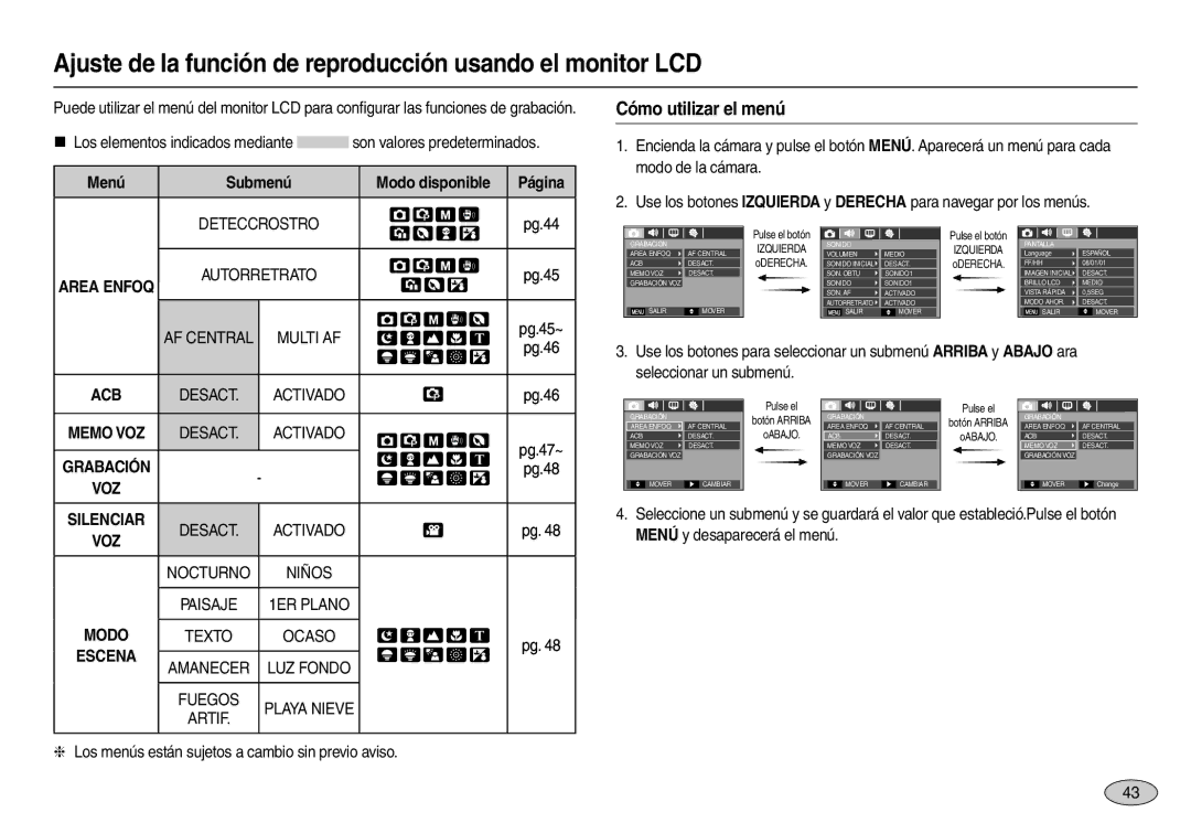 Samsung EC-L110ZSBA/GB Ajuste de la función de reproducción usando el monitor LCD, Cómo utilizar el menú, Menú,  Pg.44 