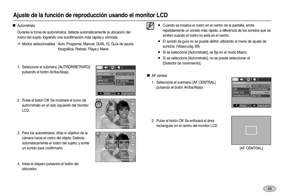 Samsung EC-L110ZPFC/E1, EC-L110ZPDA/E3, EC-L110ZUDA/E3, EC-L110ZBDA/E3, EC-L110ZRDA/E3, EC-L110ZSDA/E3 manual Lcd, AF Central 