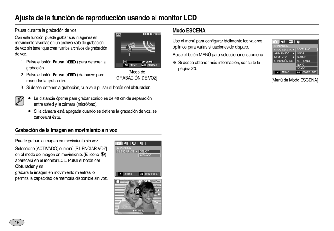 Samsung EC-L110ZPBA/GB, EC-L110ZPDA/E3 manual Modo Escena, Grabación de la imagen en movimiento sin voz, Grabación DE VOZ 