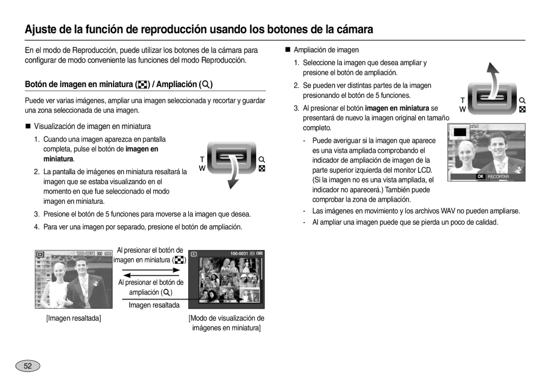 Samsung EC-L110ZUDA/E3 manual Botón de imagen en miniatura  / Ampliación , „ Visualización de imagen en miniatura 