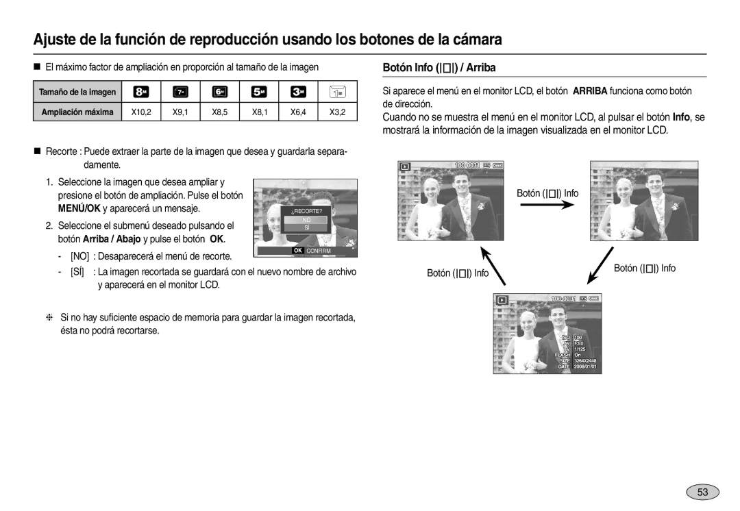 Samsung EC-L110ZBDA/E3, EC-L110ZPDA/E3, EC-L110ZUDA/E3 Botón Info  / Arriba, MENÚ/OK y aparecerá un mensaje, Botón  Info 