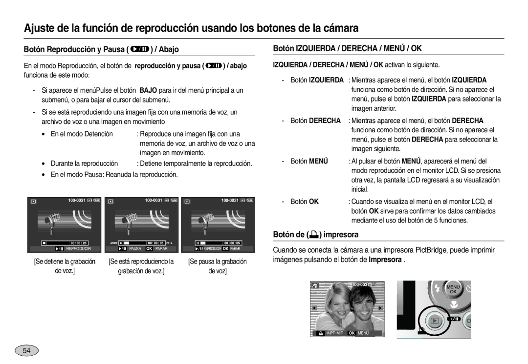 Samsung EC-L110ZRDA/E3, EC-L110ZPDA/E3 manual Botón de  impresora, Izquierda / Derecha / Menú / OK activan lo siguiente 