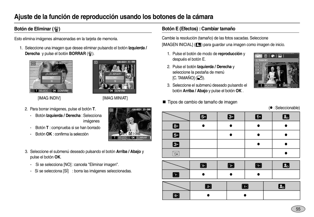 Samsung EC-L110ZSDA/E3 manual Botón de Eliminar , Botón E Efectos Cambiar tamaño, „ Tipos de cambio de tamaño de imagen 