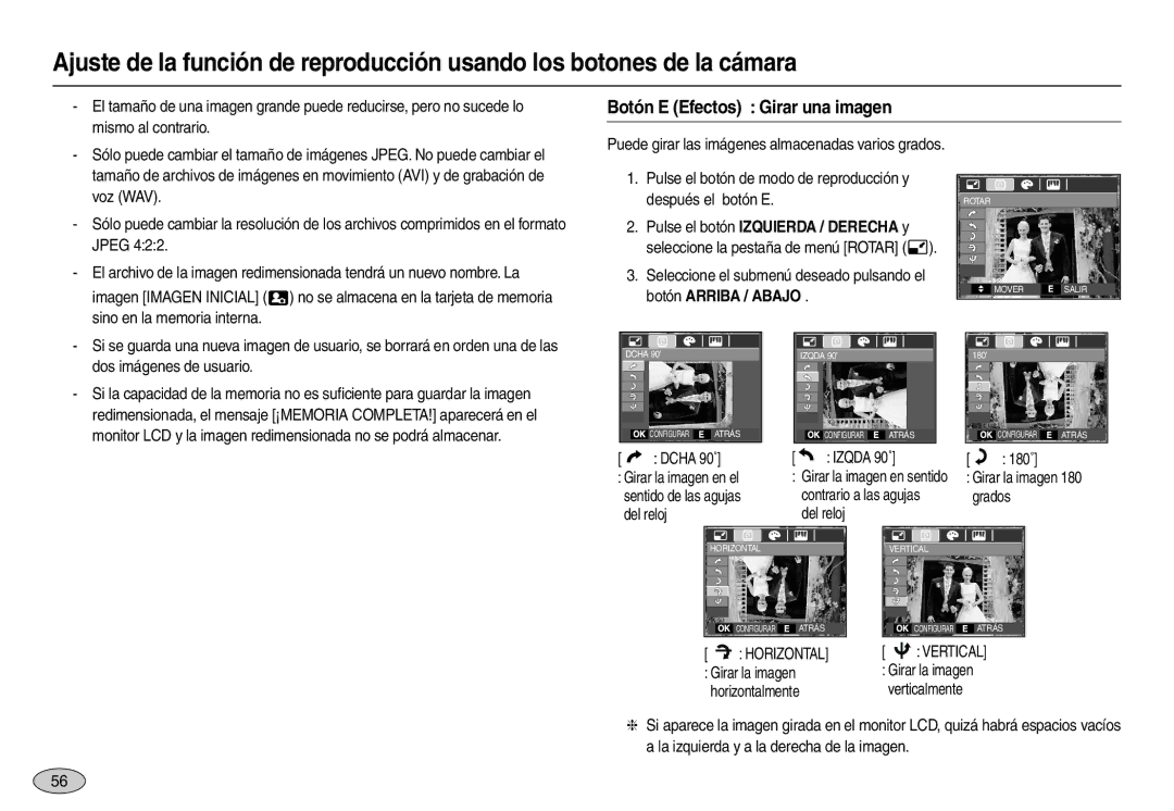 Samsung EC-L110ZSBB/E1, EC-L110ZPDA/E3, EC-L110ZUDA/E3, EC-L110ZBDA/E3, EC-L110ZRDA/E3 manual Botón E Efectos Girar una imagen 