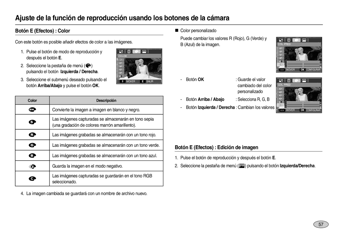 Samsung EC-L110ZPBB/E1 manual Botón E Efectos Edición de imagen, Botón OK Guarde el valor Cambiado del color, Personalizado 