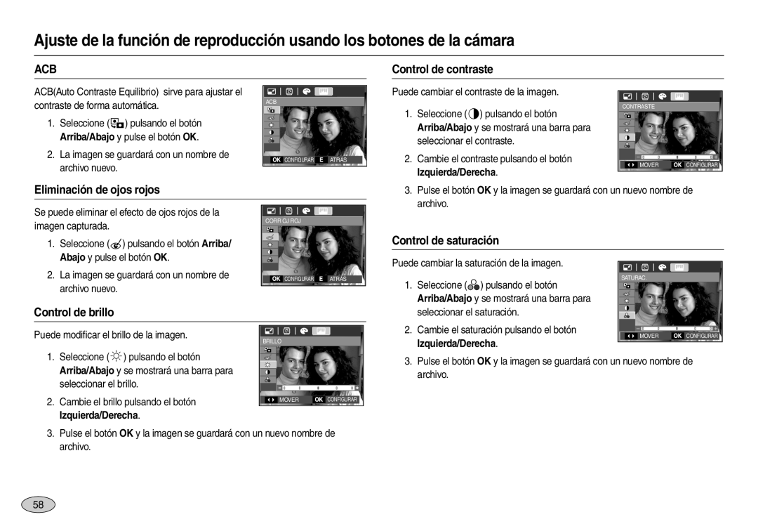 Samsung EC-L110ZUBA/E1 Acb, Control de contraste, Eliminación de ojos rojos, Control de saturación, Control de brillo 