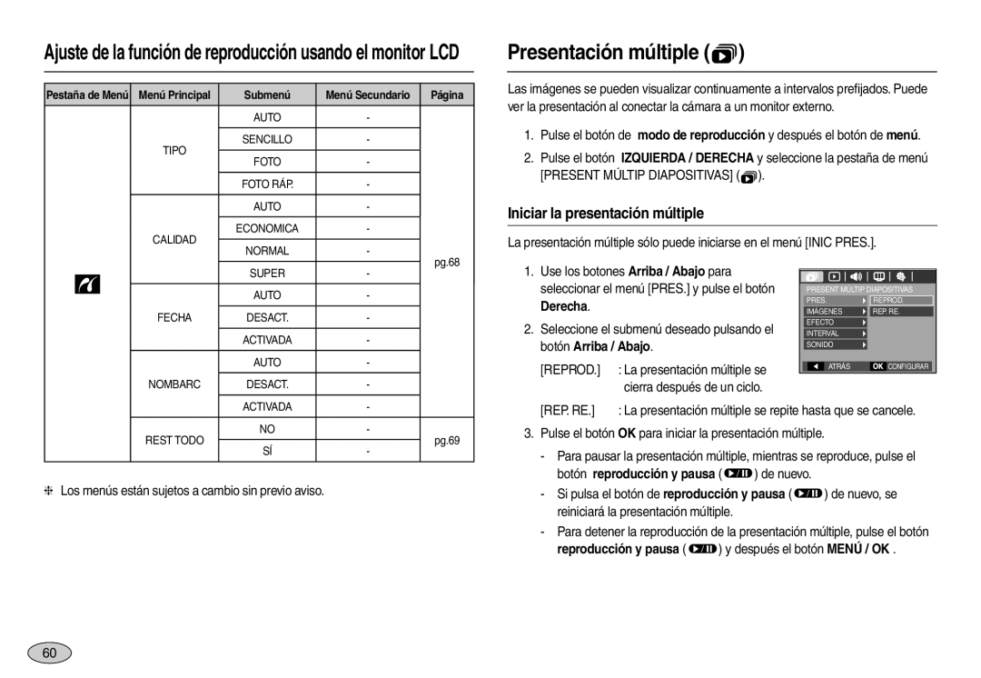 Samsung EC-L110ZPBC/E1, EC-L110ZPDA/E3, EC-L110ZUDA/E3 manual Presentación múltiple , Iniciar la presentación múltiple 