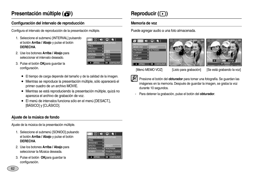 Samsung EC-L110ZRBA/E1, EC-L110ZPDA/E3 manual Reproducir , Conﬁguración del intervalo de reproducción, Memoria de voz 