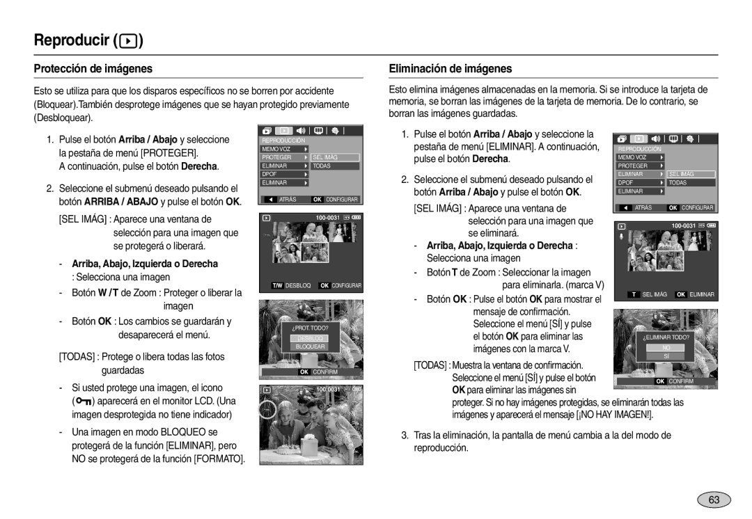 Samsung EC-L110ZUBB/E1 manual Protección de imágenes, Eliminación de imágenes, Continuación, pulse el botón Derecha 