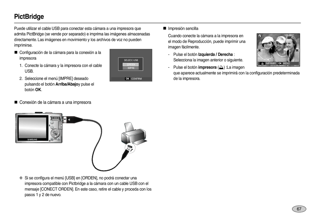 Samsung EC-L110ZSBA/AS, EC-L110ZPDA/E3, EC-L110ZUDA/E3, EC-L110ZBDA/E3 PictBridge, „ Conexión de la cámara a una impresora 