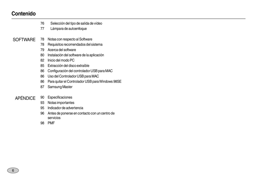 Samsung EC-L110ZUBA/E1, EC-L110ZPDA/E3, EC-L110ZUDA/E3, EC-L110ZBDA/E3 manual Apéndice 90 Especiﬁcaciones 93 Notas importantes 