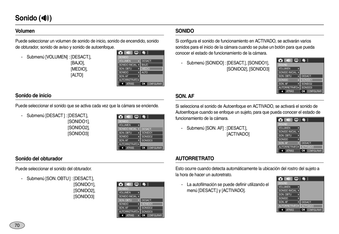 Samsung EC-L110ZRFA/E1, EC-L110ZPDA/E3, EC-L110ZUDA/E3, EC-L110ZBDA/E3 Sonido , Volumen, Sonido del obturador, Autorretrato 