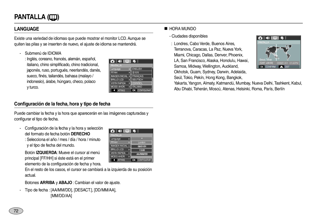 Samsung EC-L110ZBFA/E1 manual Language, „ Hora Mundo, Ciudades disponibles Londres, Cabo Verde, Buenos Aires, Turco 