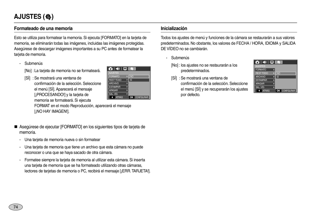 Samsung EC-L110ZPBA/GB manual Formateado de una memoria, Inicialización, Una tarjeta de memoria nueva o sin formatear 