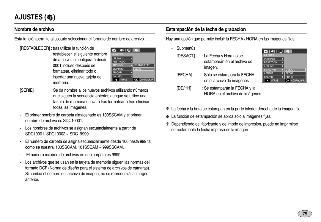 Samsung EC-L110ZSFB/E1, EC-L110ZPDA/E3 manual Nombre de archivo, Estampación de la fecha de grabación, Serie, Dd/Hh 