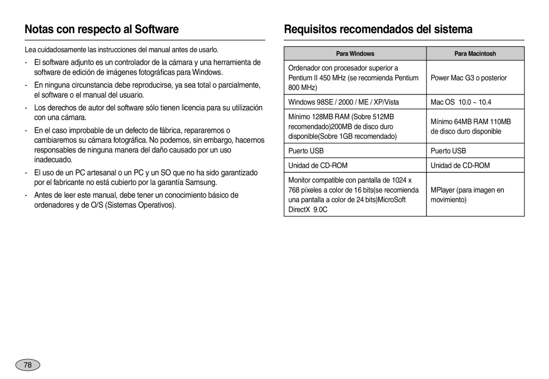 Samsung EC-L110ZUDA/E3 manual Notas con respecto al Software, Requisitos recomendados del sistema, Power Mac G3 o posterior 