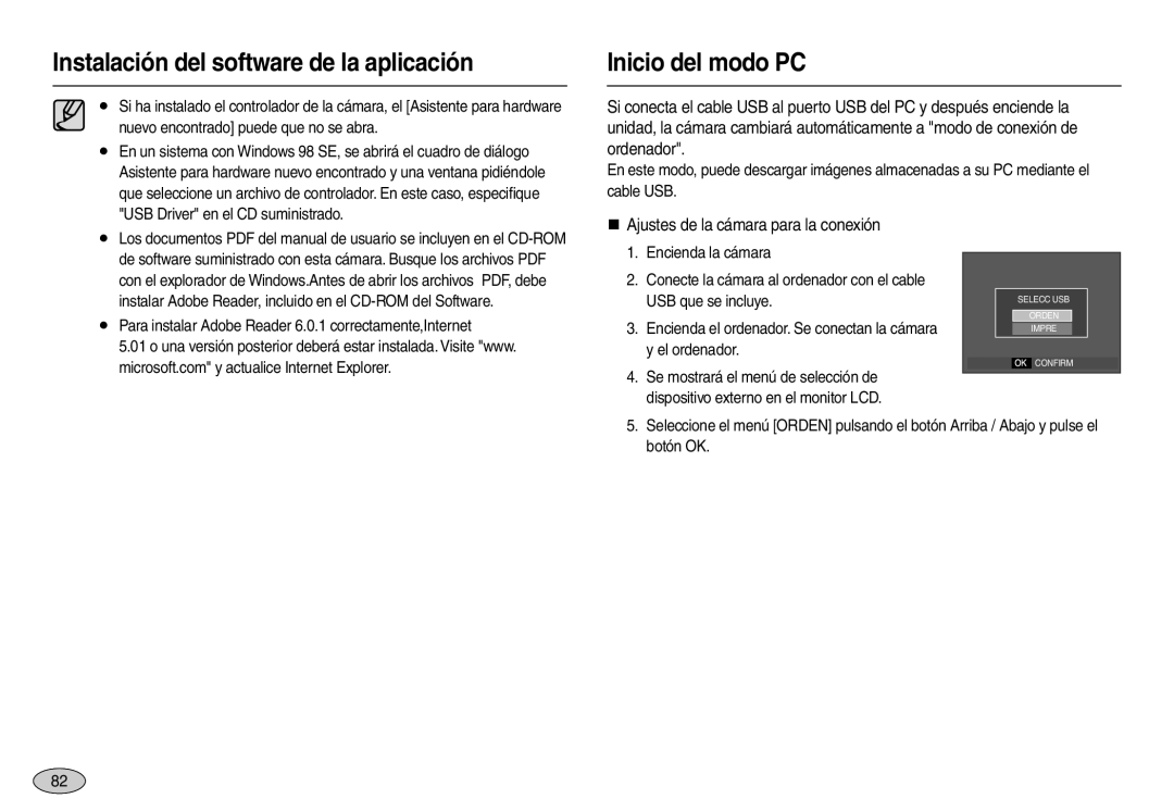 Samsung EC-L110ZSBB/E1 manual Inicio del modo PC, „ Ajustes de la cámara para la conexión, USB Driver en el CD suministrado 