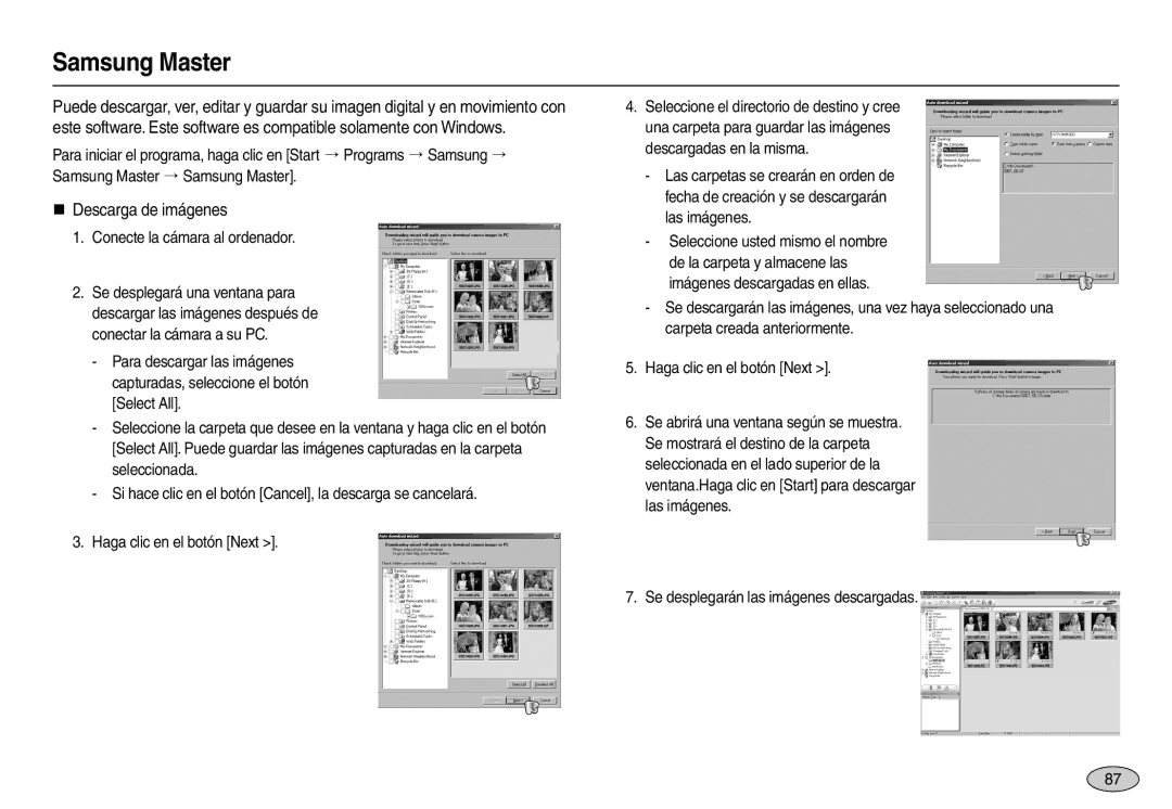 Samsung EC-L110ZBBA/E1, EC-L110ZPDA/E3 manual Samsung Master, „ Descarga de imágenes, Conecte la cámara al ordenador 