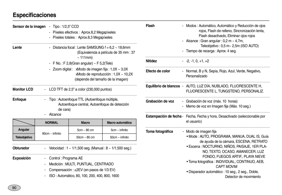 Samsung EC-L110ZBBB/E1, EC-L110ZPDA/E3, EC-L110ZUDA/E3, EC-L110ZBDA/E3, EC-L110ZRDA/E3, EC-L110ZSDA/E3 manual Especiﬁcaciones 