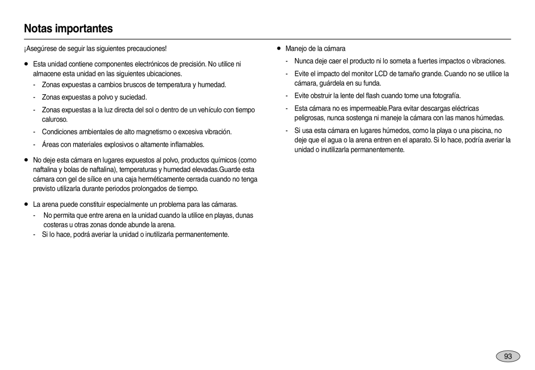 Samsung EC-L110ZSBA/AS, EC-L110ZPDA/E3, EC-L110ZUDA/E3 Notas importantes, ¡Asegúrese de seguir las siguientes precauciones 