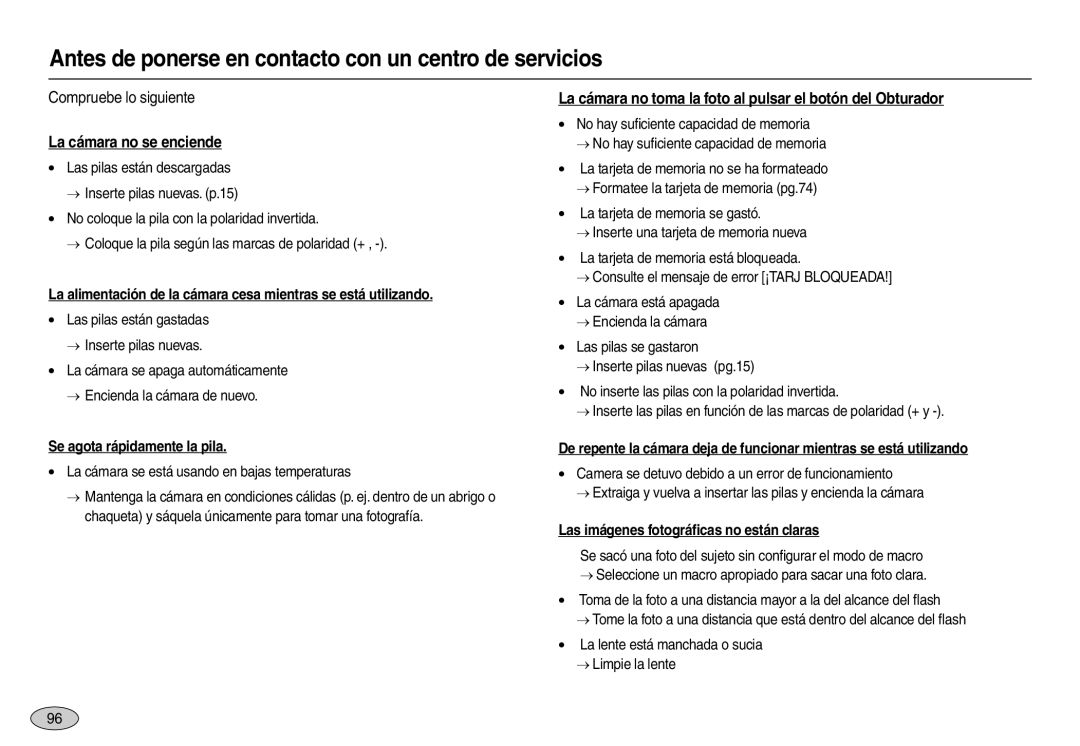 Samsung EC-L110ZRFA/E1, EC-L110ZPDA/E3 Antes de ponerse en contacto con un centro de servicios, Compruebe lo siguiente 