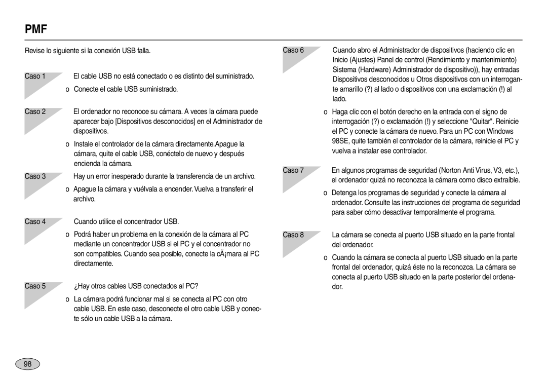 Samsung EC-L110ZBFA/E1 Revise lo siguiente si la conexión USB falla Caso, Conecte el cable USB suministrado, Dispositivos 