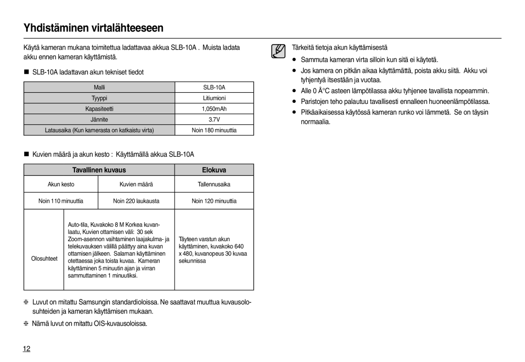 Samsung EC-L110ZSDA/E3 manual Yhdistäminen virtalähteeseen, „ Kuvien määrä ja akun kesto Käyttämällä akkua SLB-10A 