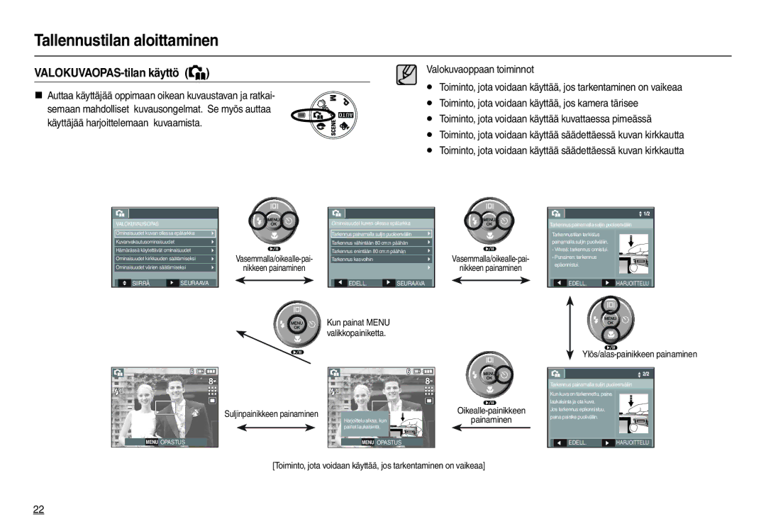 Samsung EC-L110ZPBA/E2, EC-L110ZPDA/E3, EC-L110ZUDA/E3, EC-L110ZBDA/E3 manual VALOKUVAOPAS-tilan käyttö, Valokuvausopas 