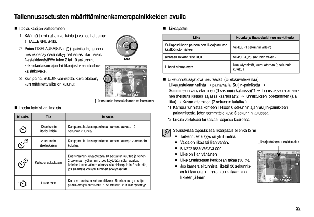 Samsung EC-L110ZRBA/E2 manual „ Liikeajastin, Liiku J Kuvan ottaminen 2 sekunnin kuluttua, Valoa on liikaa tai liian vähän 