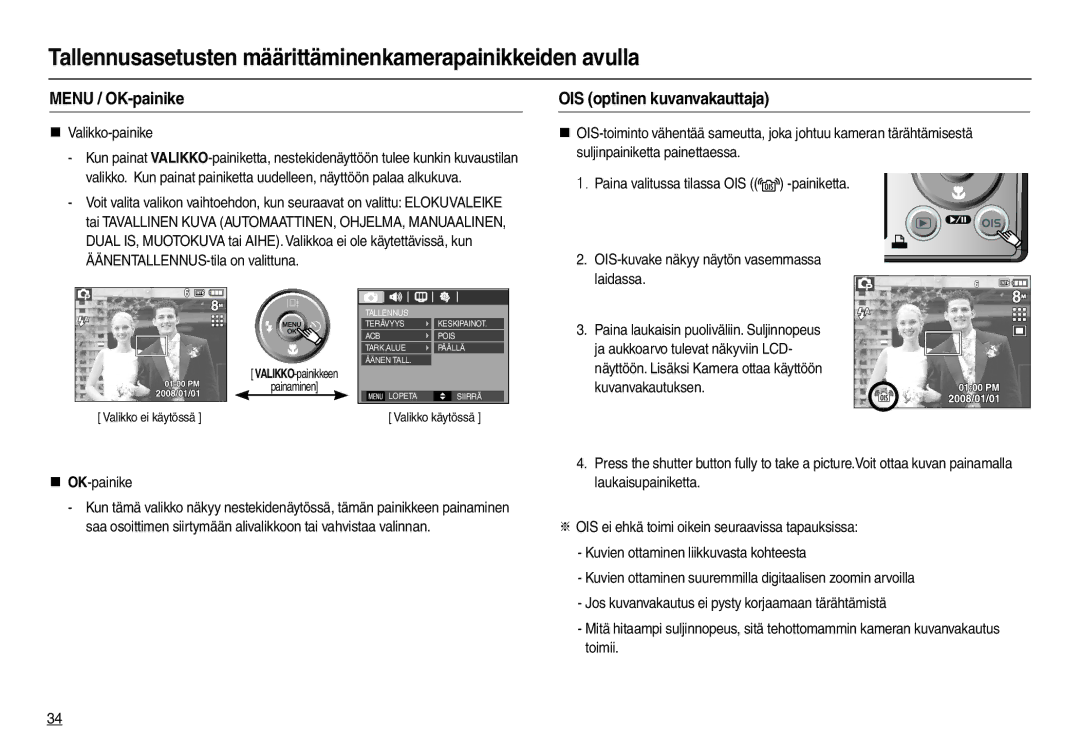 Samsung EC-L110ZBFA/E2, EC-L110ZPDA/E3 Menu / OK-painike, OIS optinen kuvanvakauttaja, „ Valikko-painike, „ OK-painike 