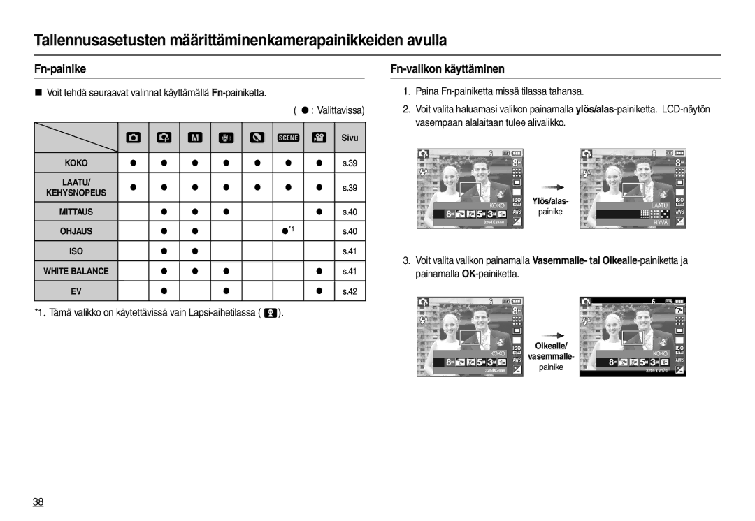 Samsung EC-L110ZRDA/E3 manual Fn-painike, Fn-valikon käyttäminen, Tämä valikko on käytettävissä vain Lapsi-aihetilassa  