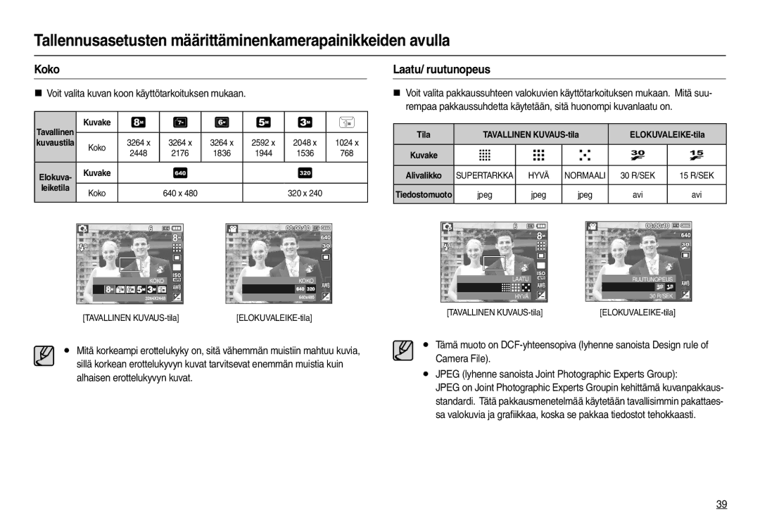 Samsung EC-L110ZSDA/E3, EC-L110ZPDA/E3 manual Koko, Laatu/ ruutunopeus, „ Voit valita kuvan koon käyttötarkoituksen mukaan 