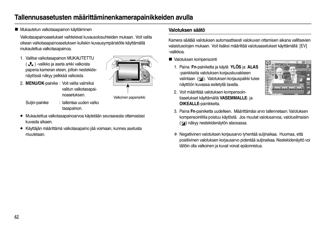 Samsung EC-L110ZRBA/E2, EC-L110ZPDA/E3, EC-L110ZUDA/E3, EC-L110ZBDA/E3, EC-L110ZRDA/E3, EC-L110ZSDA/E3 manual Valotuksen säätö 